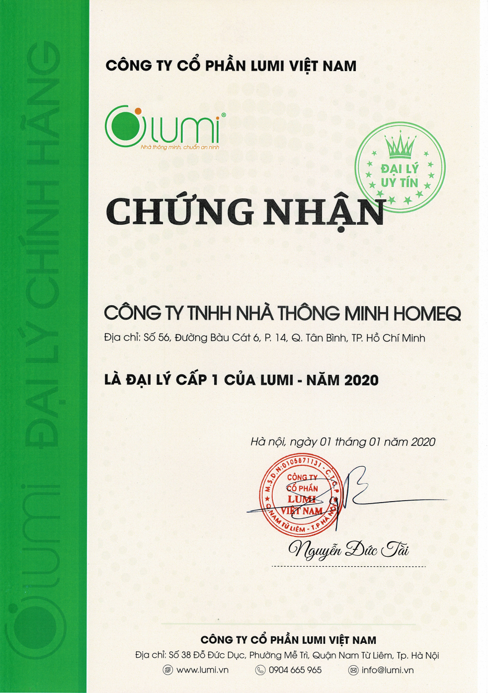 Chứng nhận nhà phân phối Lumi Việt Nam năm 2020