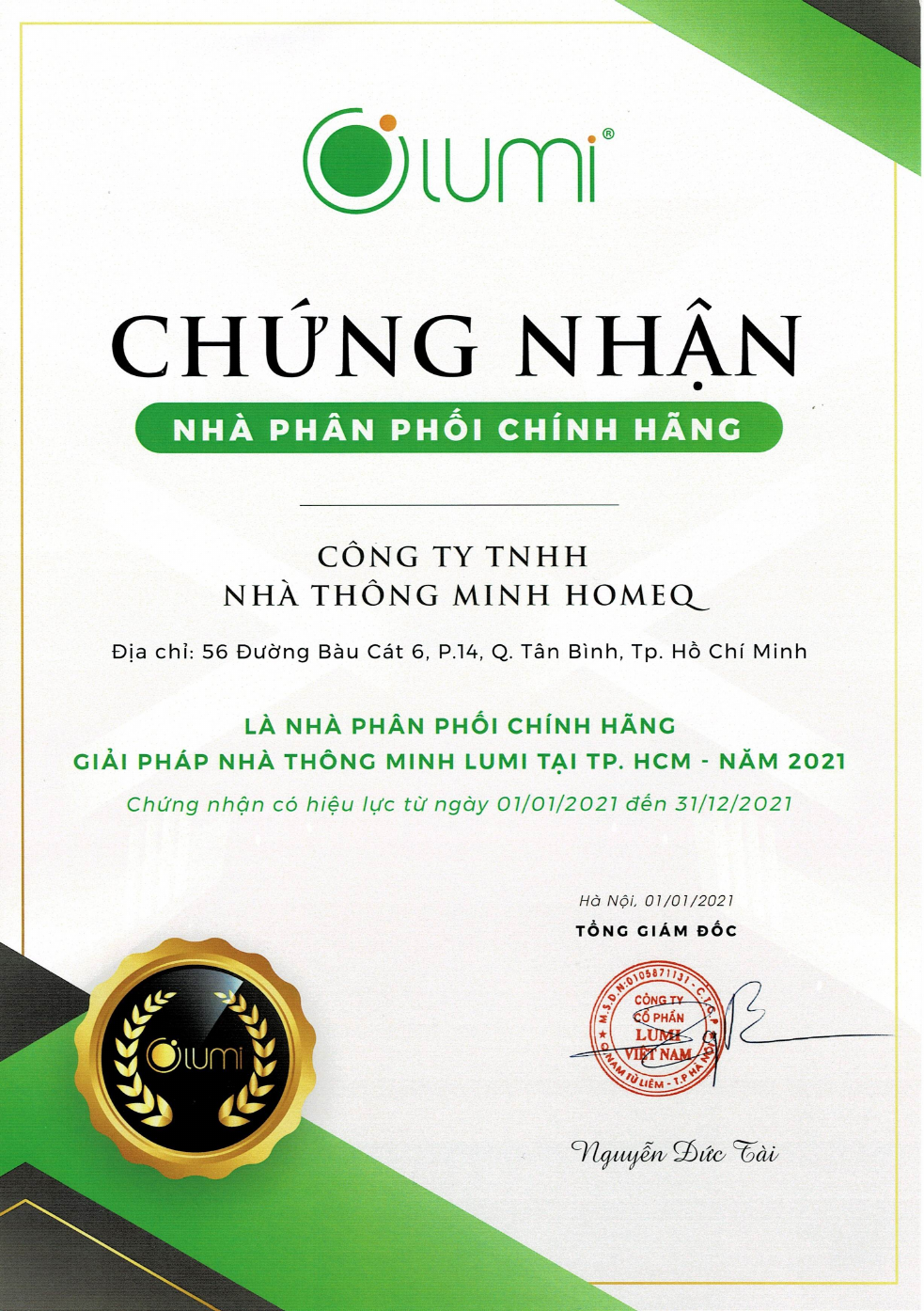 Chứng nhận nhà phân phối Lumi Việt Nam năm 2021