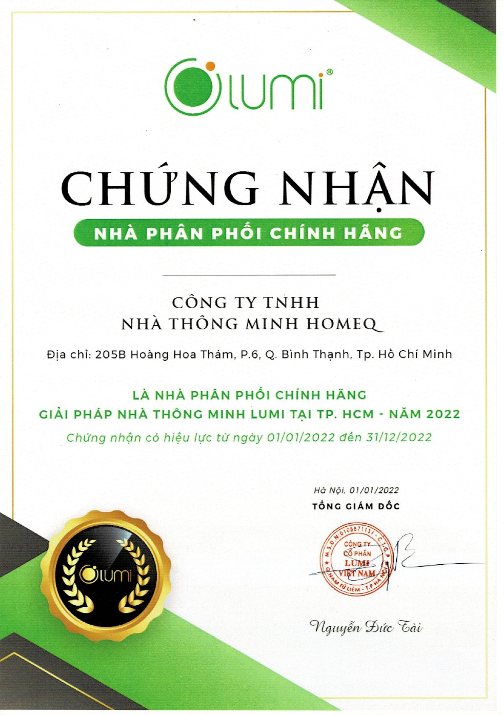 Chứng nhận nhà phân phối Lumi Việt Nam năm 2022