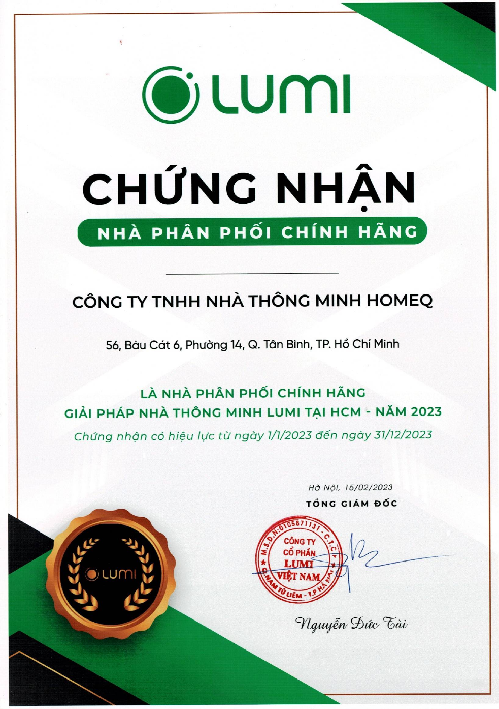 Chứng nhận nhà phân phối Lumi Việt Nam năm 2023