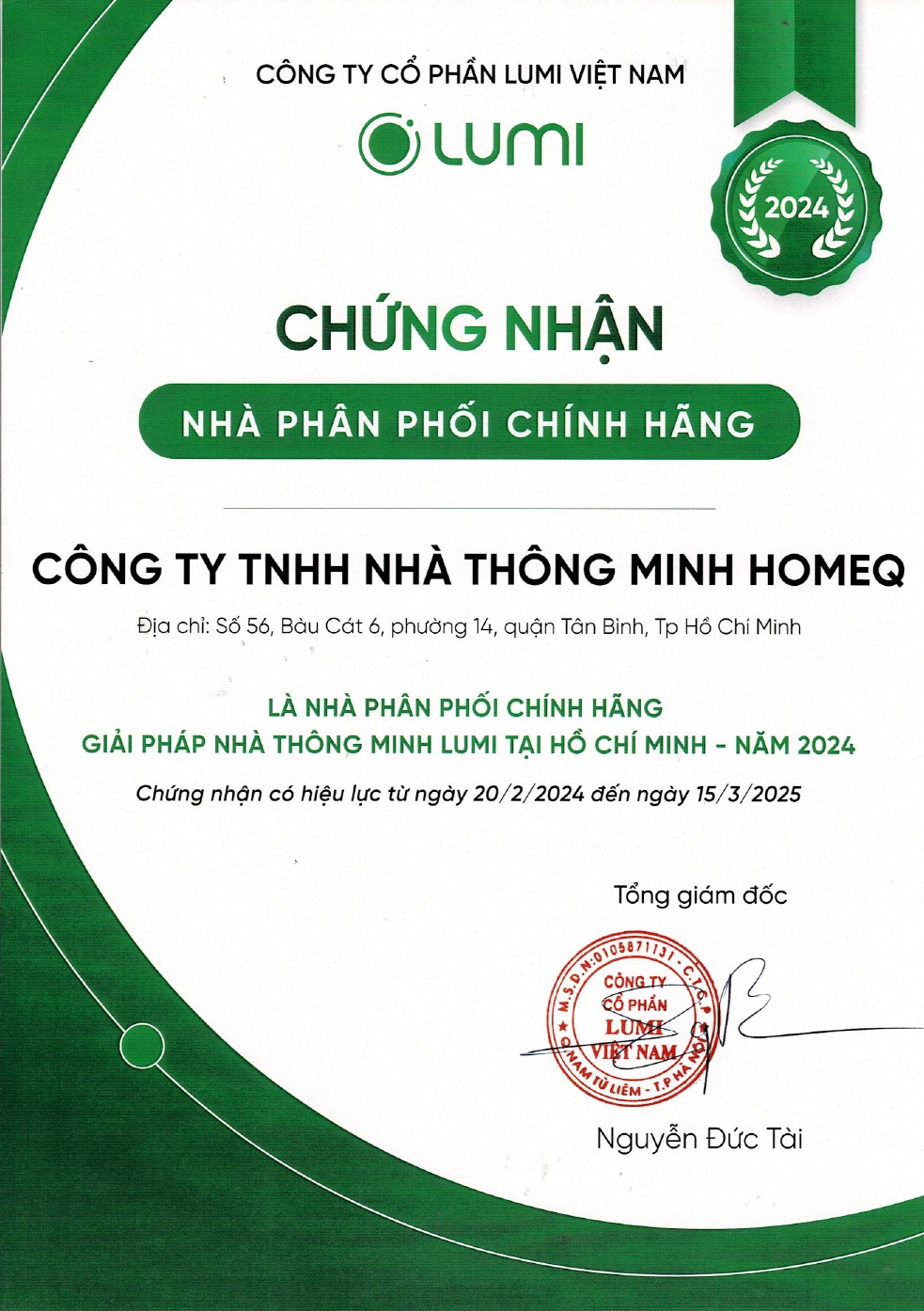Chứng nhận nhà phân phối Lumi Việt Nam năm 2024